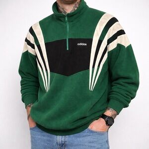 Vintage adidas Fleece Pullover XL Green 1/4 Zip Stripe Oversized 90s